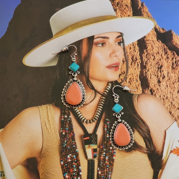 Jewelry - Boho Western Drop Earrings Coral and Turquoise 2"